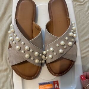 Pearl Embellished Beige Slide Sandals